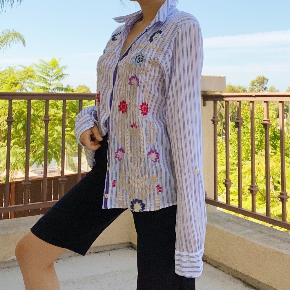 Johnny Was striped embroidered button-down